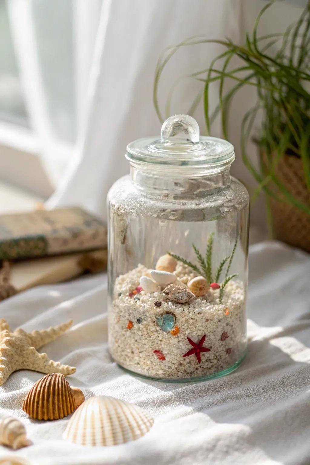 Uncover the allure of simplicity with a miniature universe encapsulated within a resin jar; where cherished travel memories discover their perfect haven.