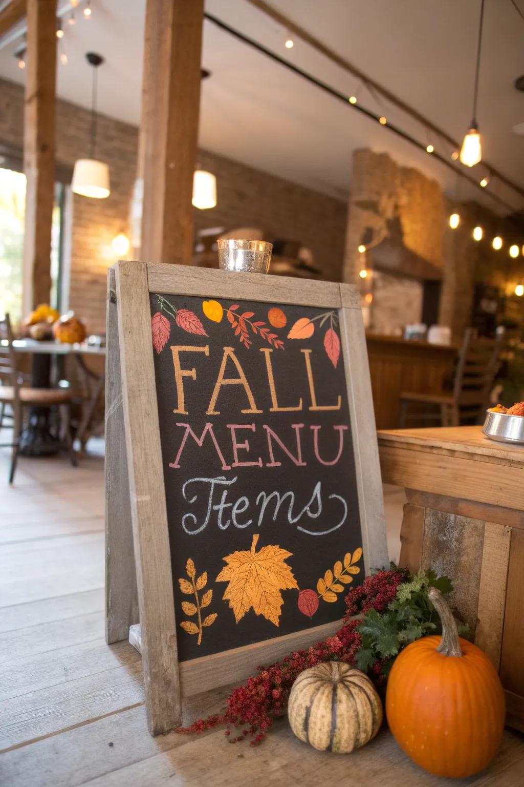 A chalkboard dressed in fall-themed decorations, bringing seasonal charm to the bistro.