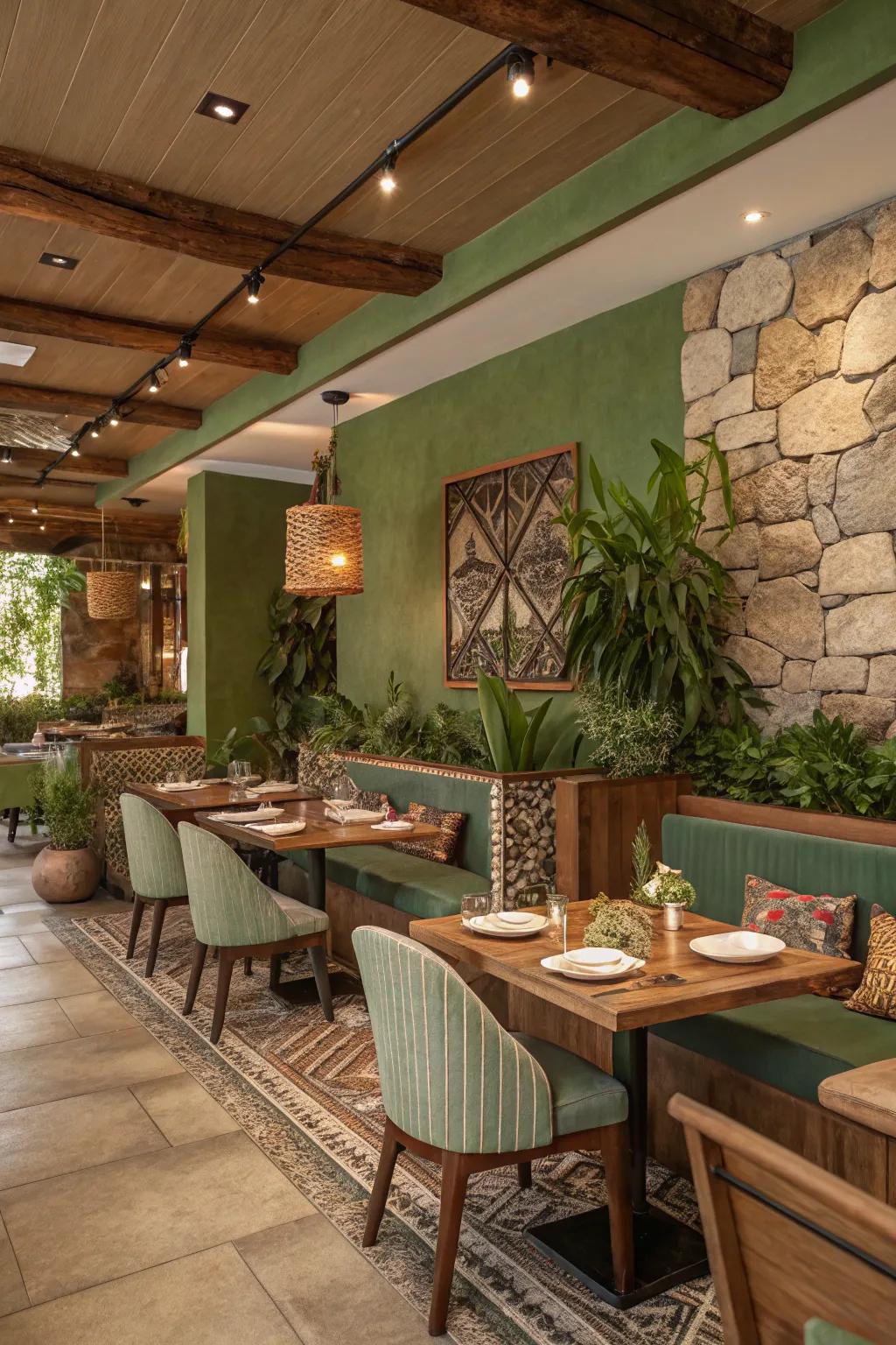 A serene restaurant interior, embracing natural and earthy tones to evoke tranquility.