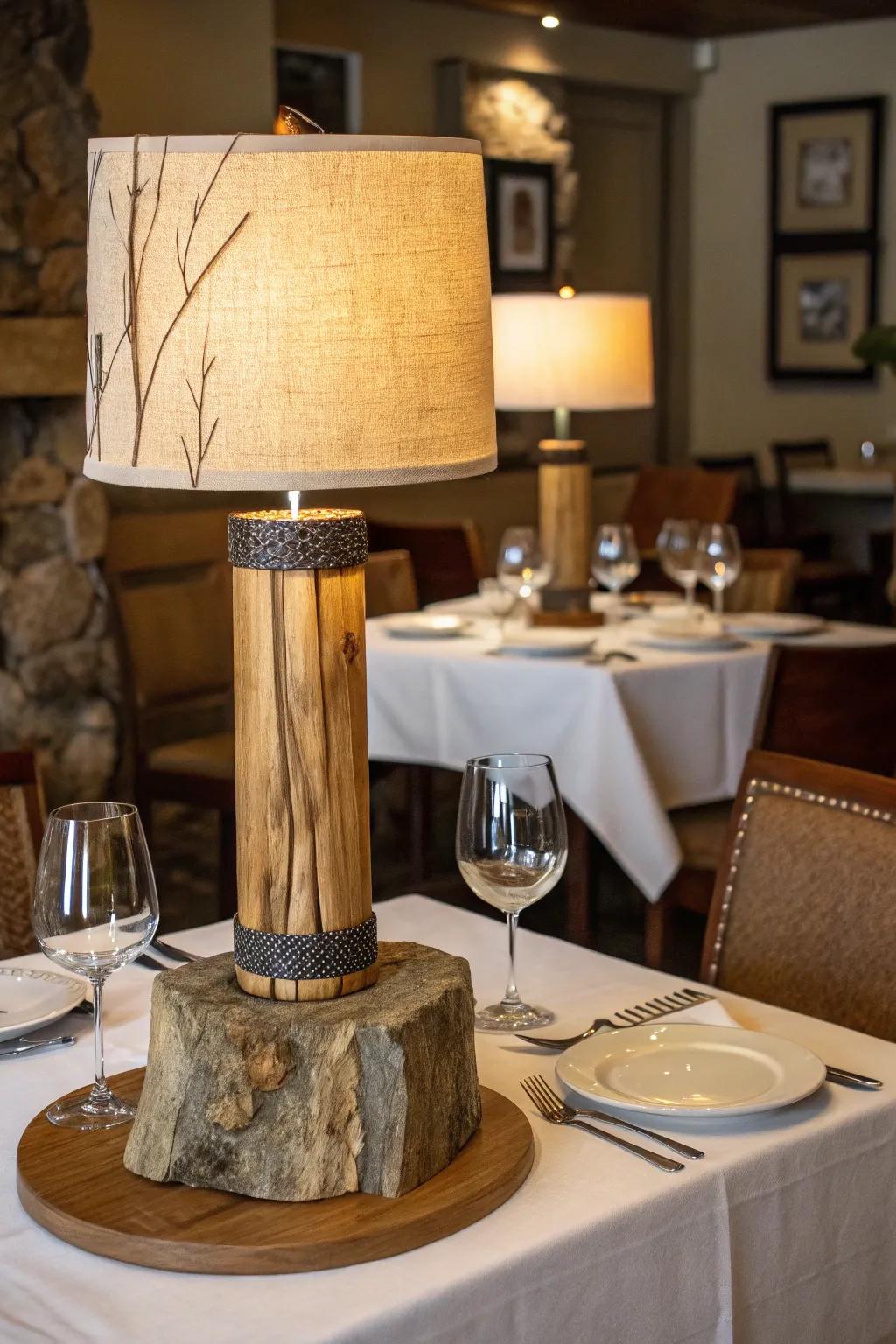 A nature-inspired table lamp, enhanced by wooden and stone elements, graces a restaurant table.