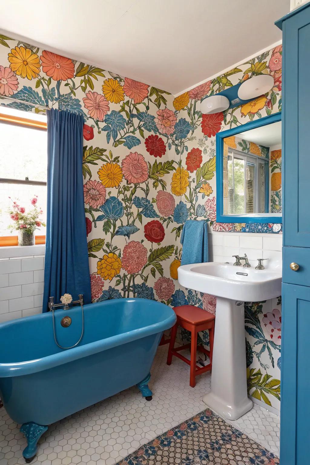 Floral wallcovering injecting a dramatic flair into the bathroom.