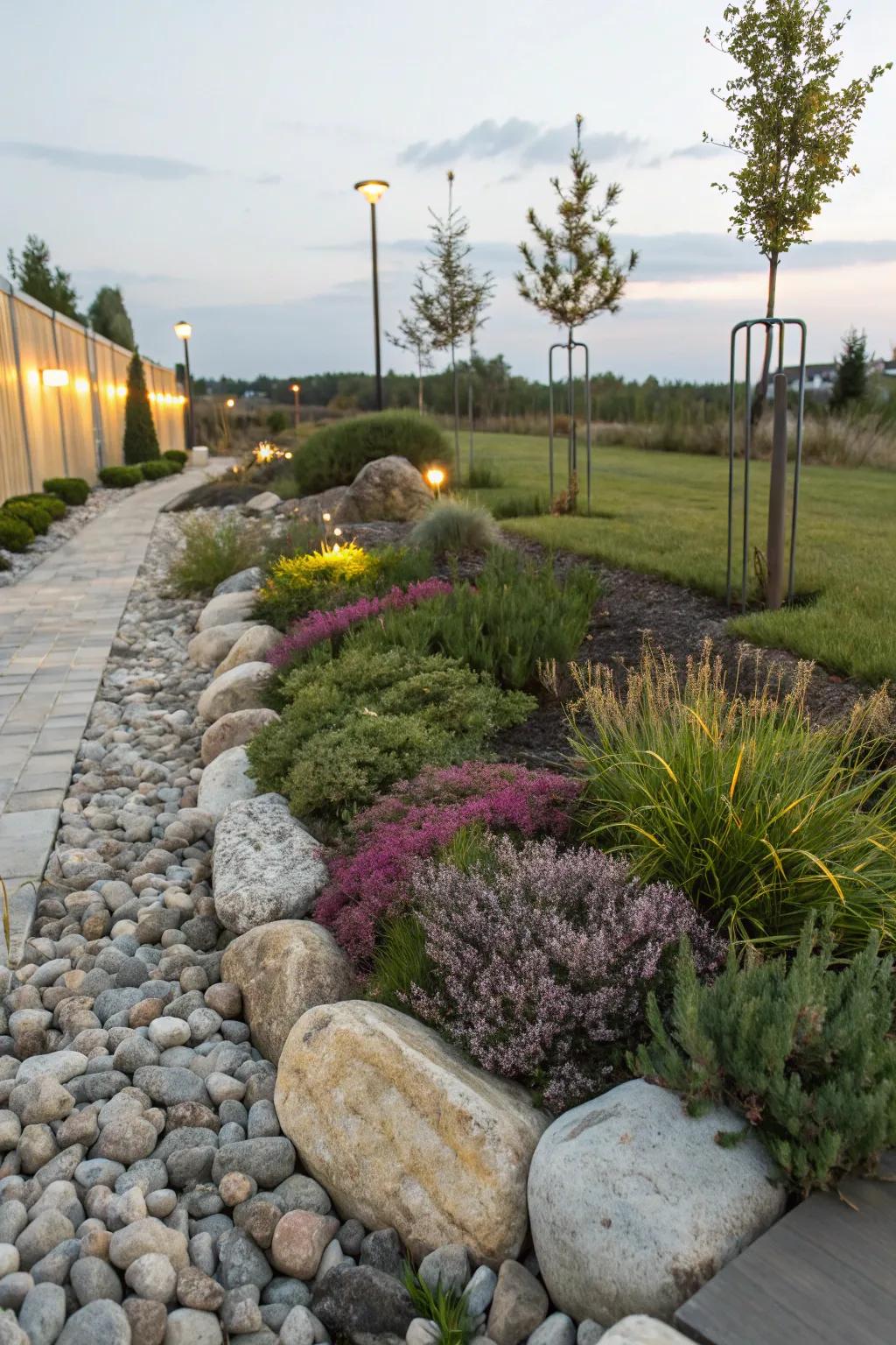A seamless integration of boulders and vegetation, forming a flourishing garden edge.