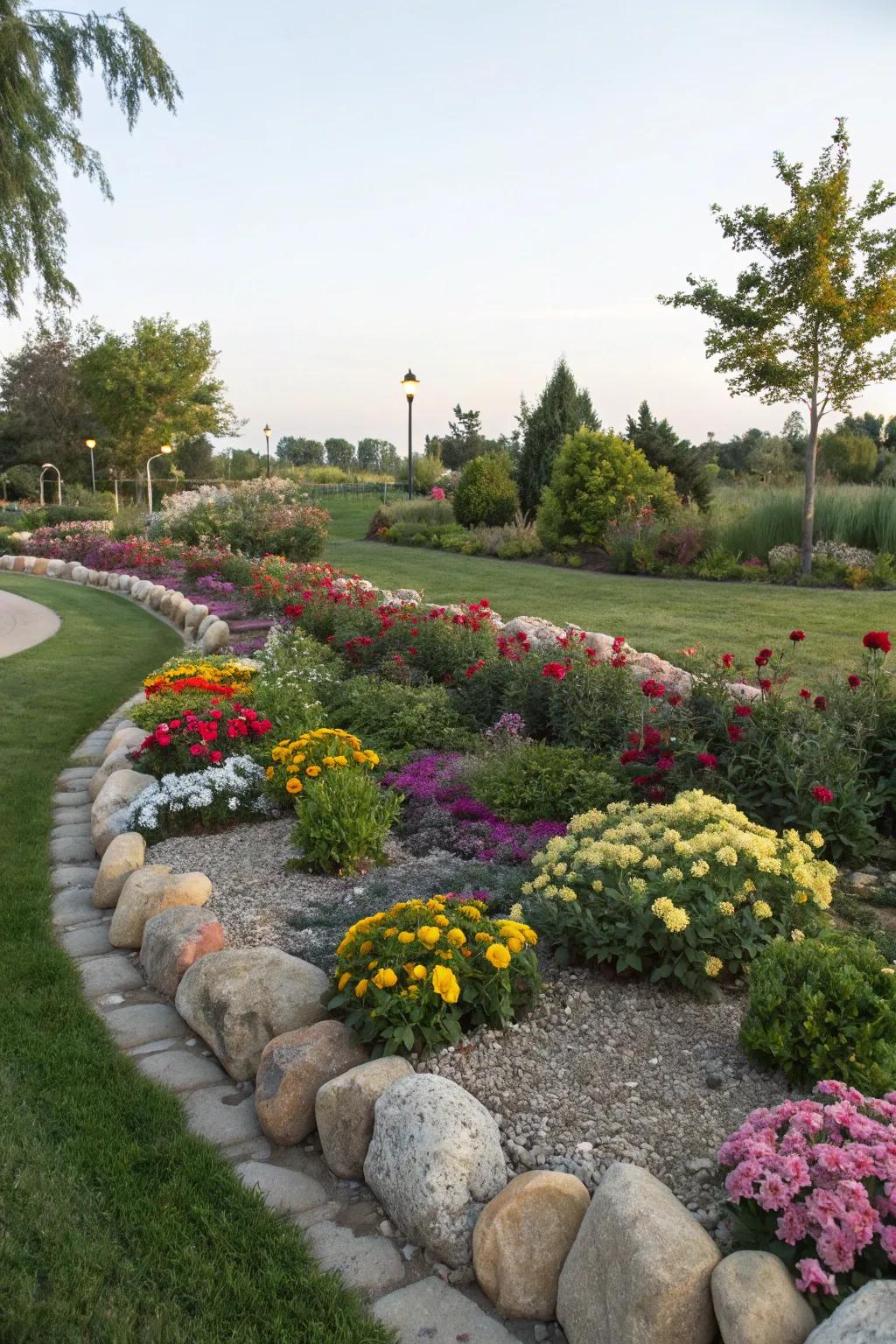 Stone boundaries furnish structure and contrast against vibrant plants.