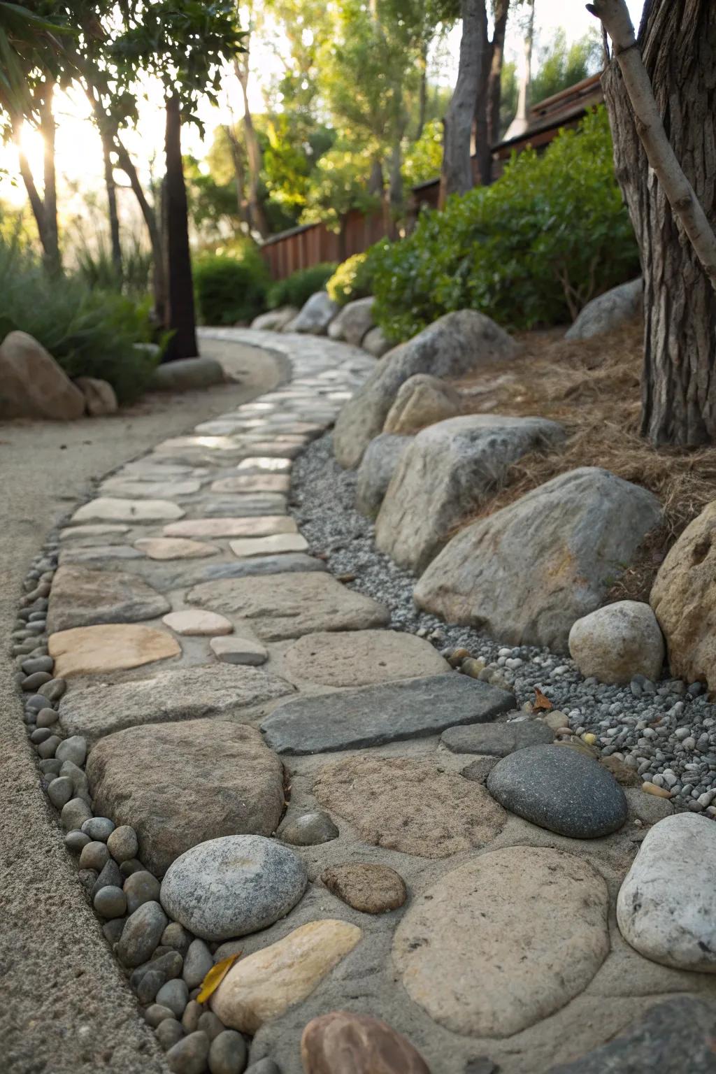 Blending rock textures yields a visually vibrant garden route.