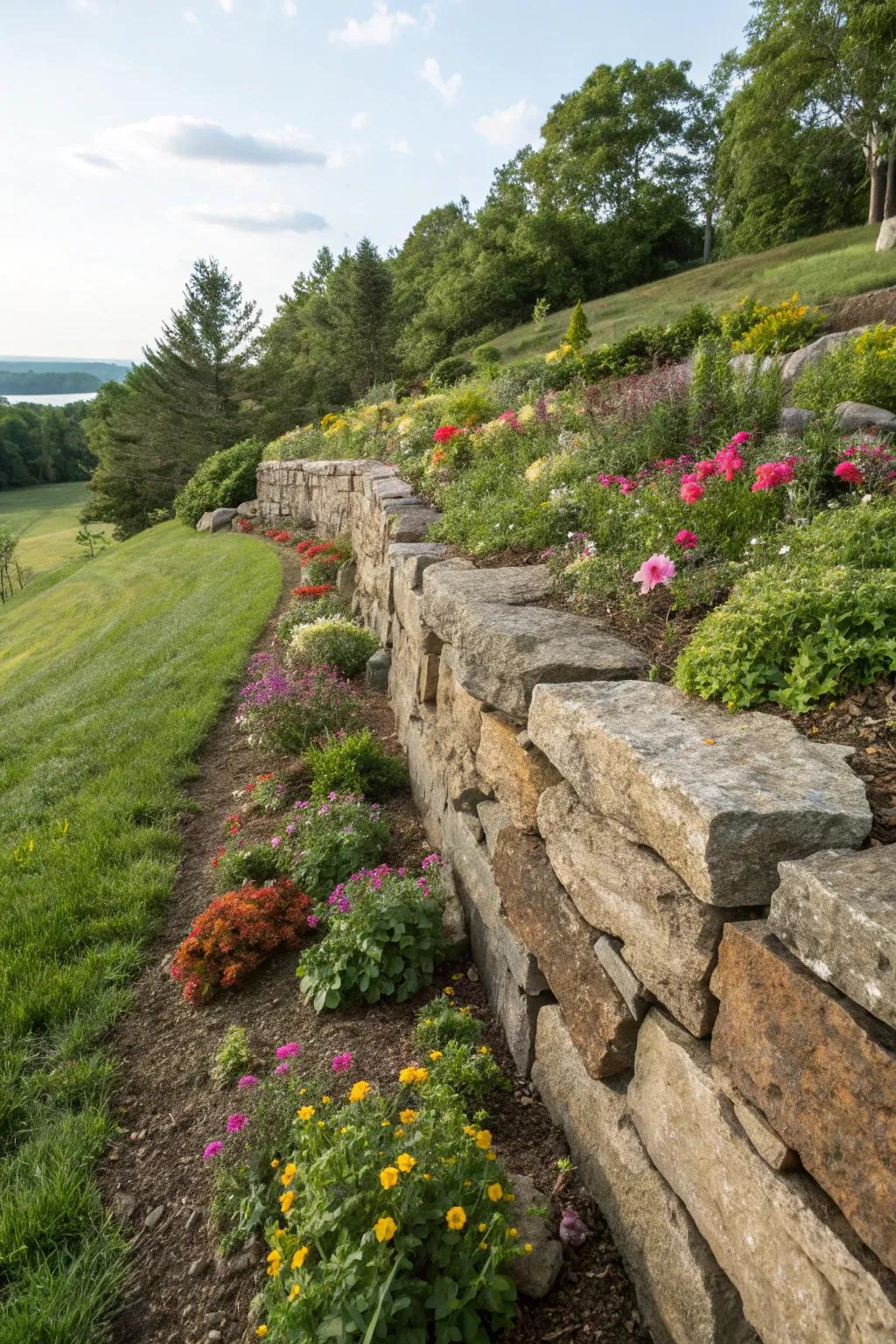 A sturdy stone reinforcing structure supporting a flourishing hillside garden.
