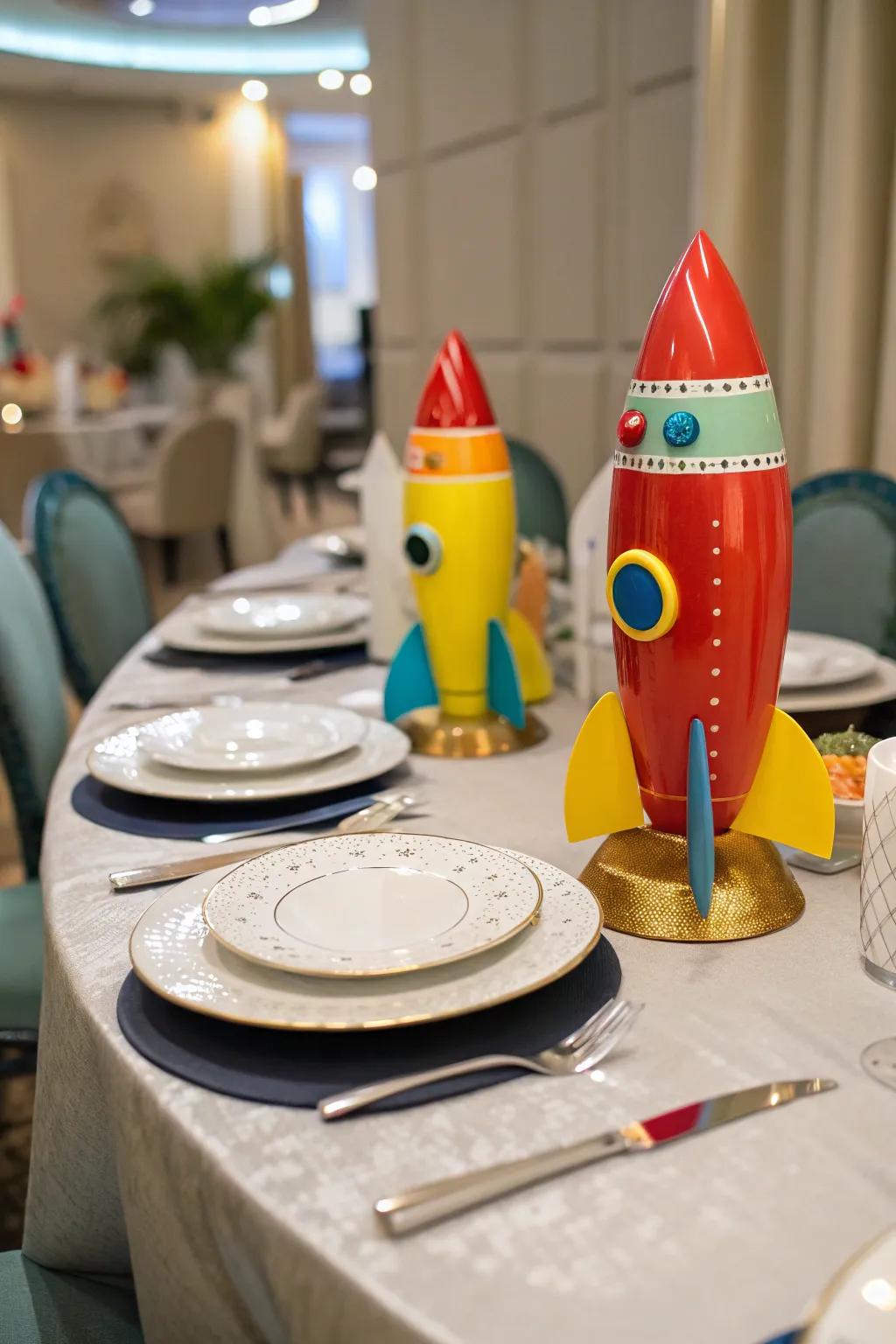 Enhance your table with playful spacecraft figures.