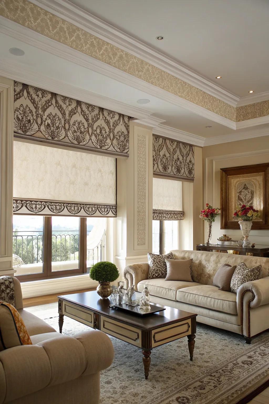 Decorative trim adds a sophisticated detail to roll-up blinds.