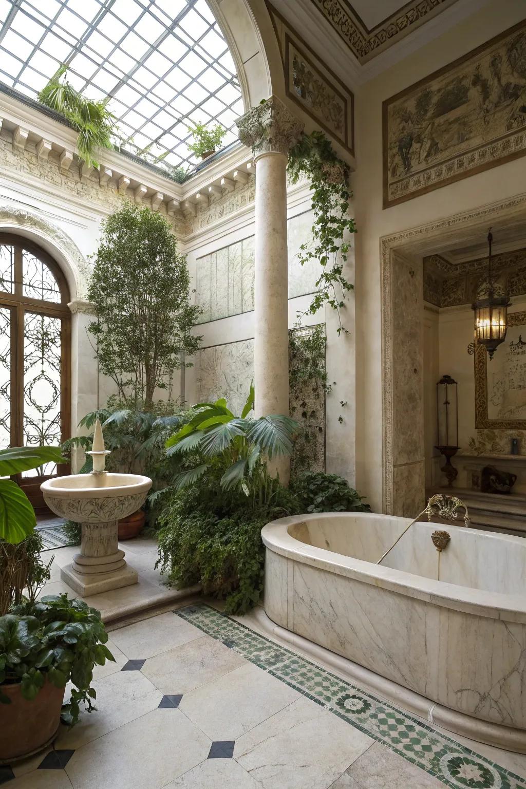Natural components instill serenity within this Roman-inspired escape.