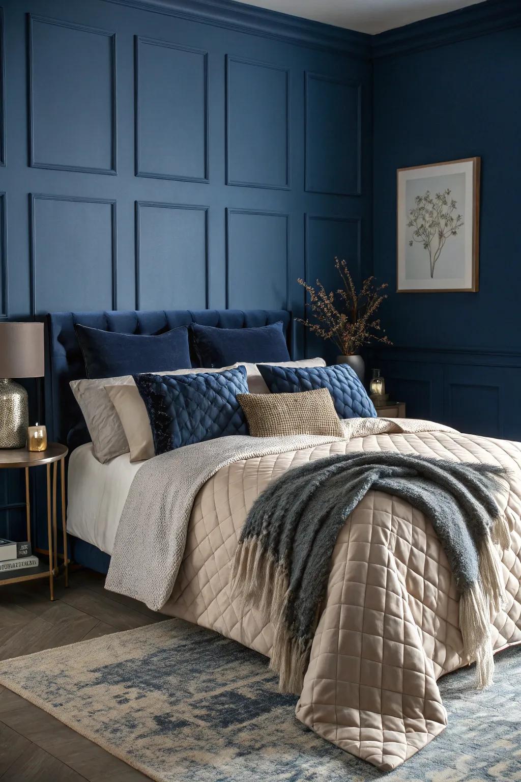Varied weaves amplify the comfort of a deep sea blue room.