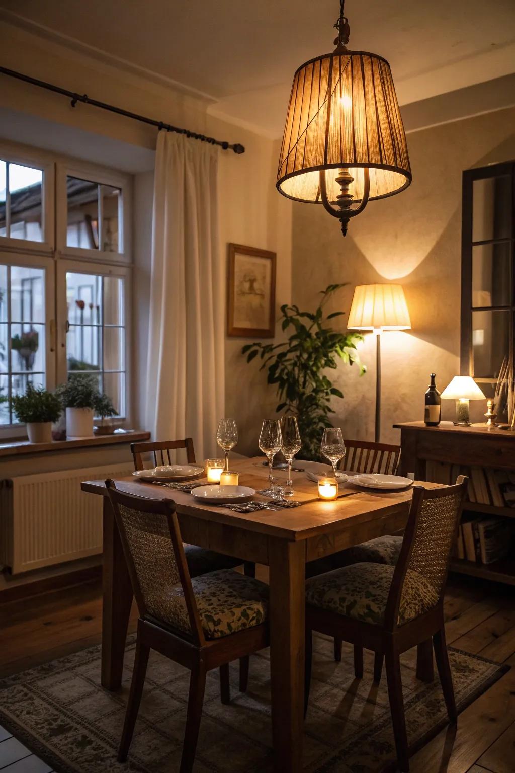 Create a cozy, intimate setting with dimmed lights for your romantic dinner.