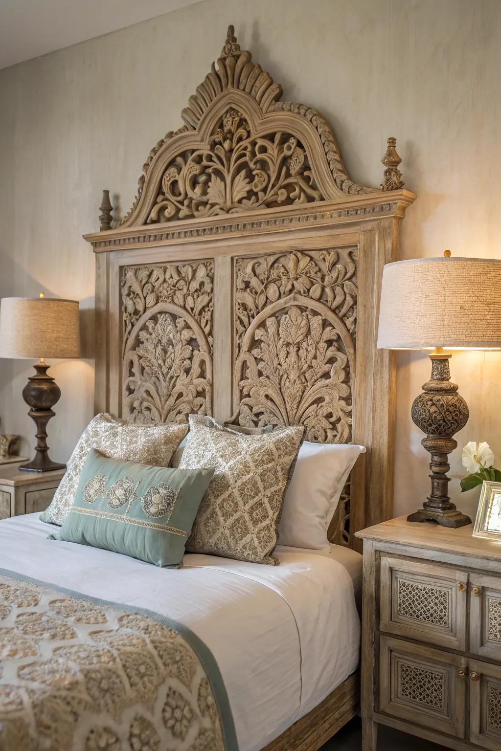 An elaborately carved headboard serves as a striking central attraction.