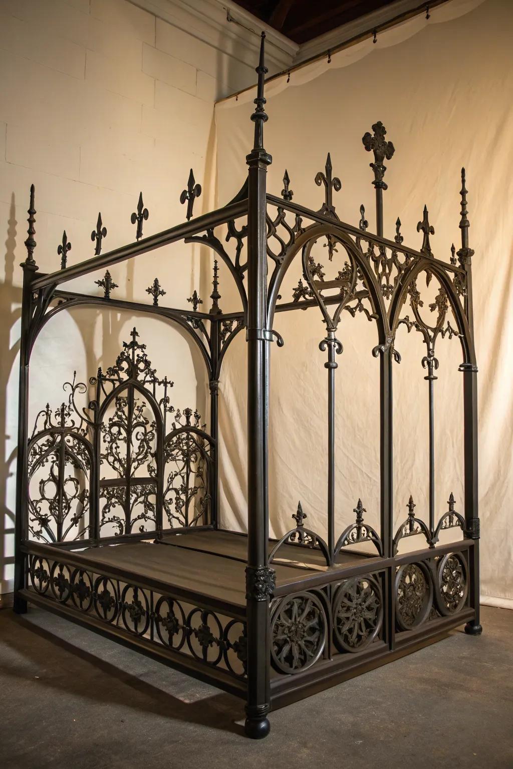 Twisted metal details add traditional gothic appeal to the boudoir décor.