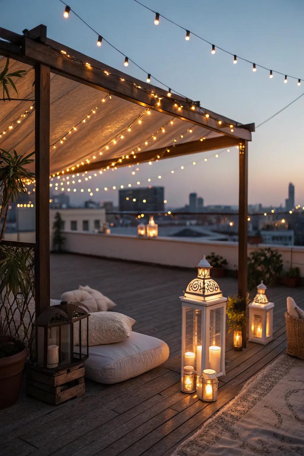 Imaginative lighting transforms your rooftop into a nighttime sanctuary.