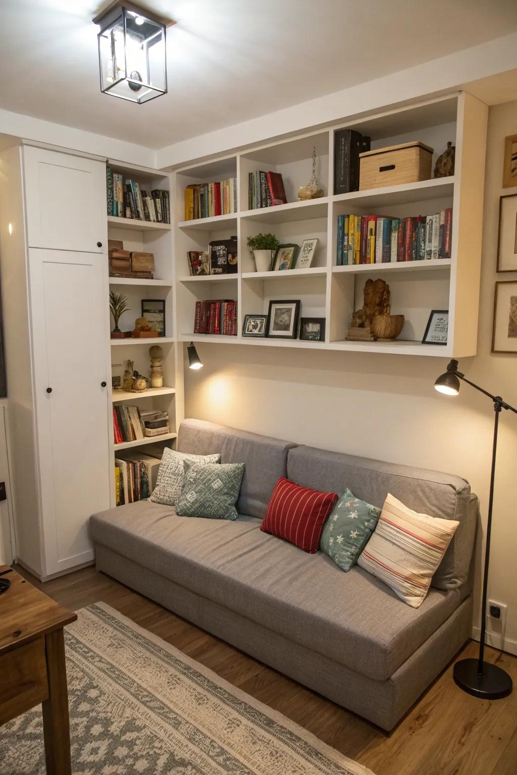 A practical layout featuring multi-purpose furniture and storage options.