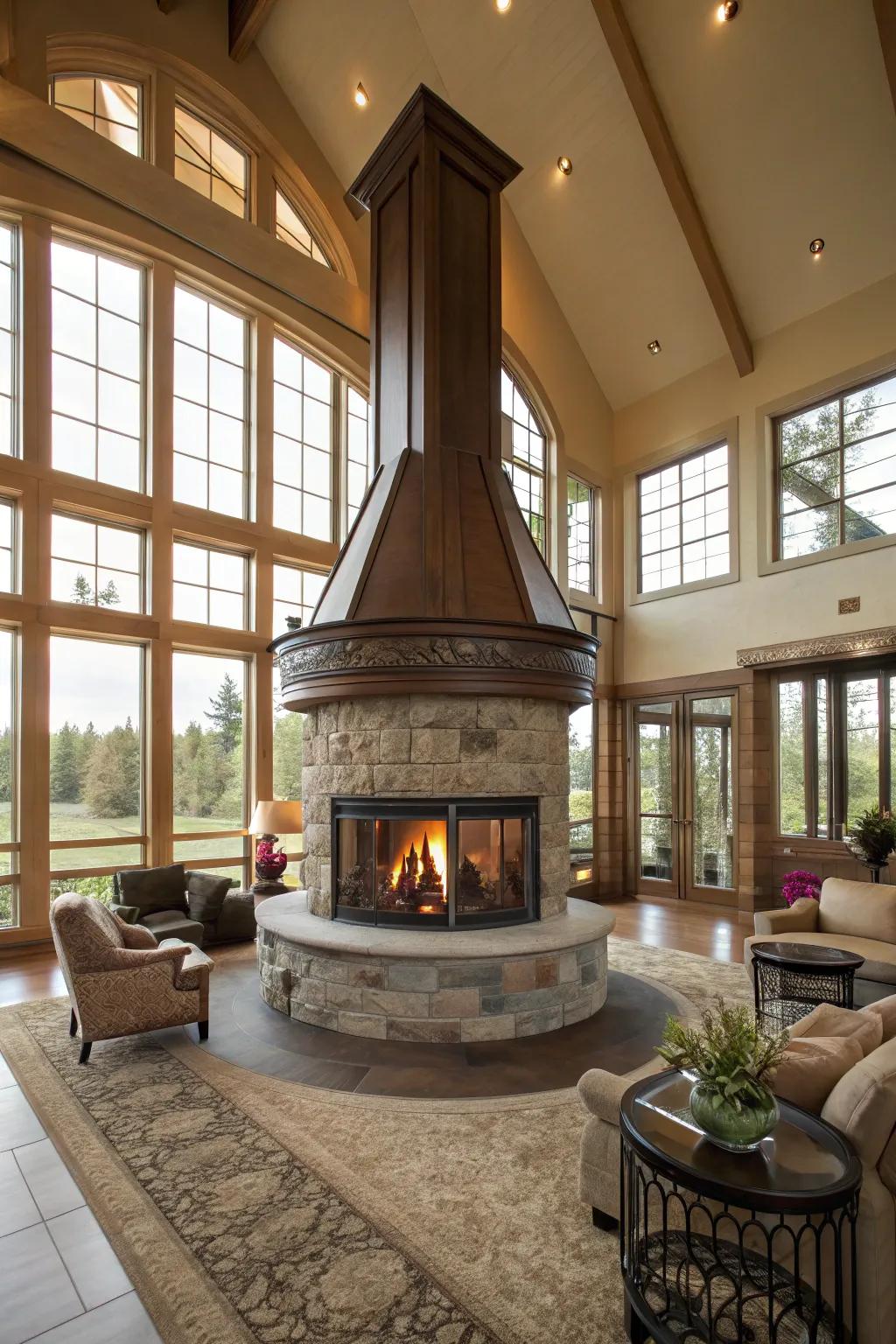 Panoramic fireplaces promote a feeling of unity in expansive open rooms.