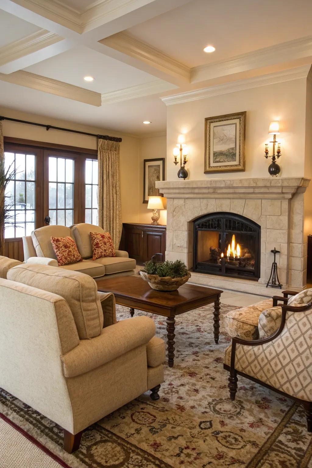 A living room with the fireplace as the main focus.