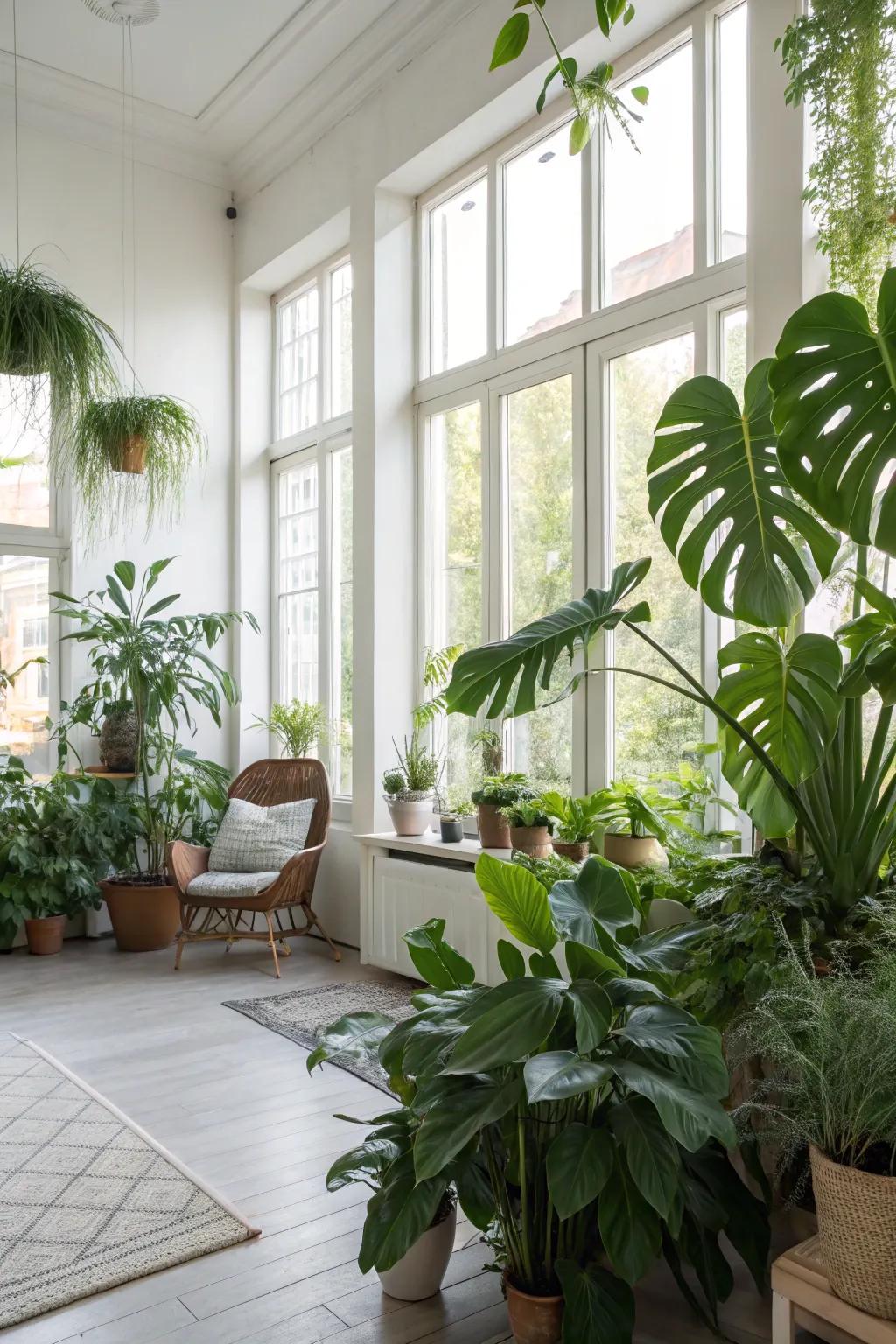 A vibrant space adorned with flora and verdure, instilling a sense of freshness.