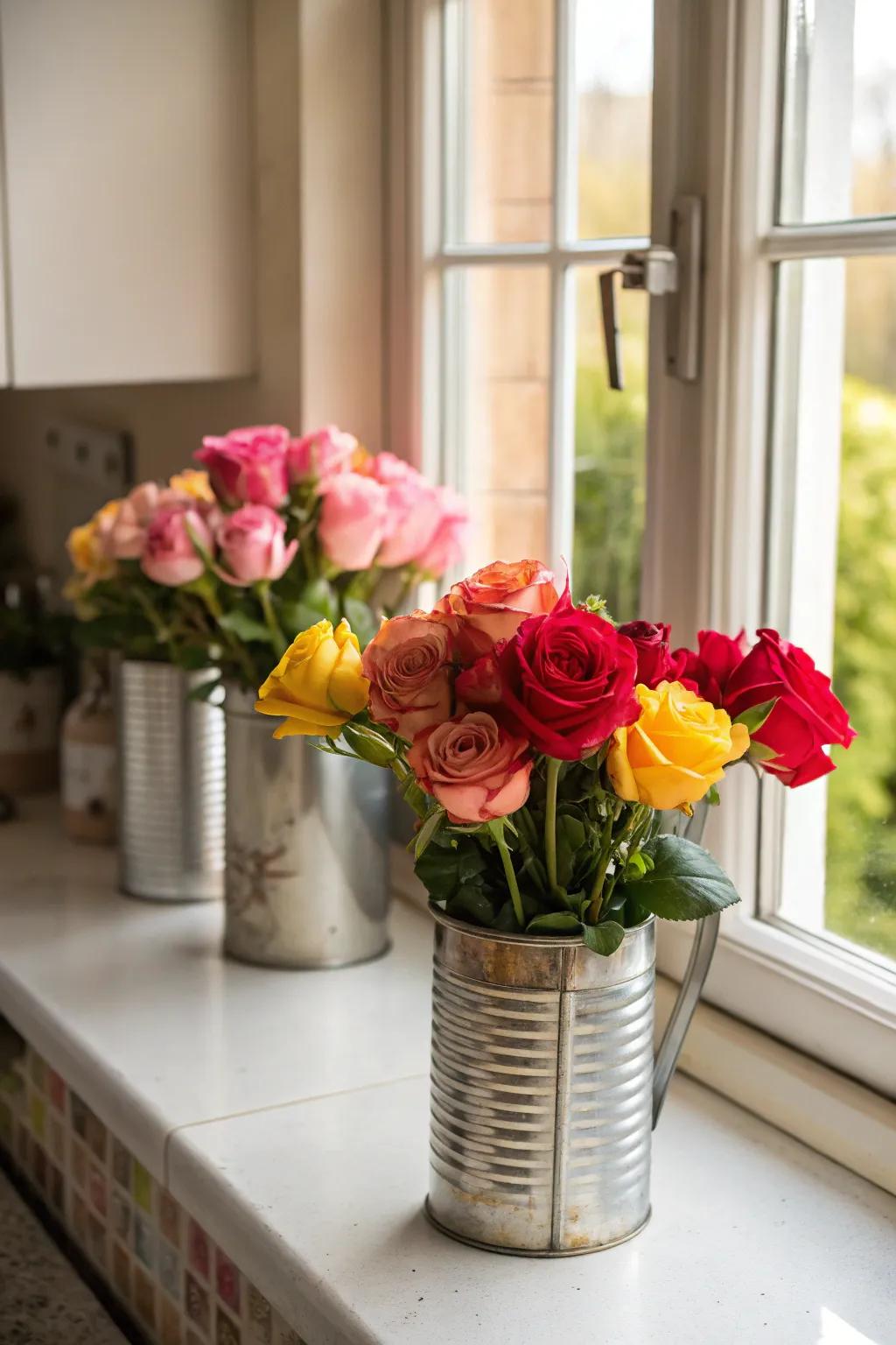 Delightful charm featuring retro metal receptacles and vivid roses.