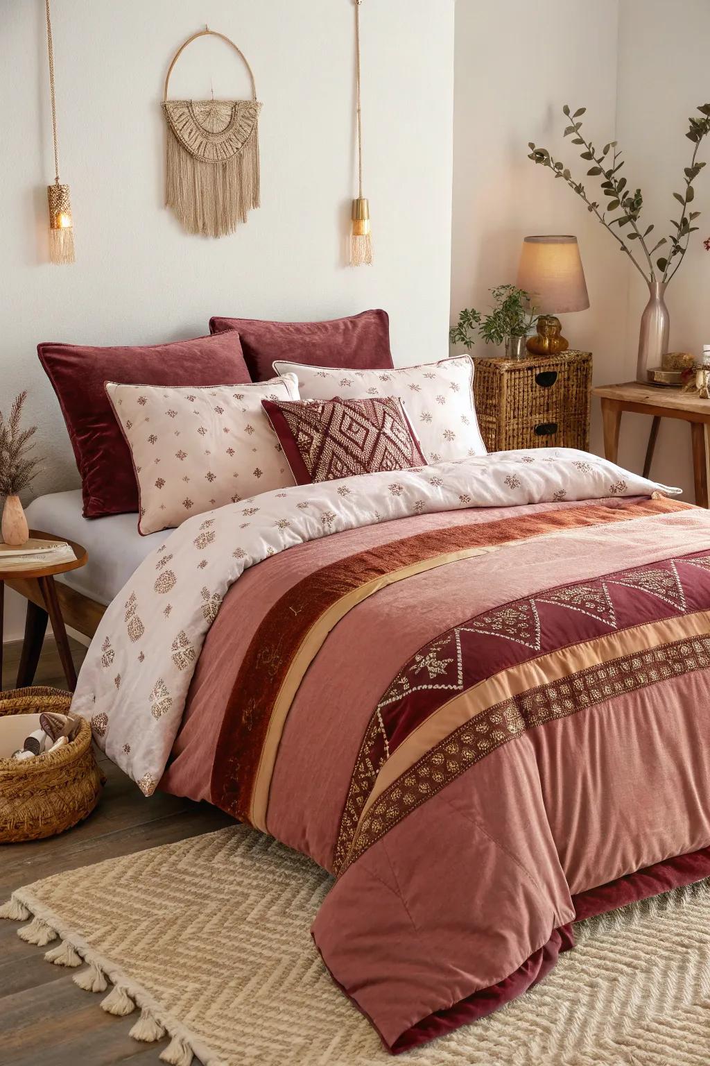 Layered wine-dark and petal metal bedclothes develops a lavish and welcoming bed.