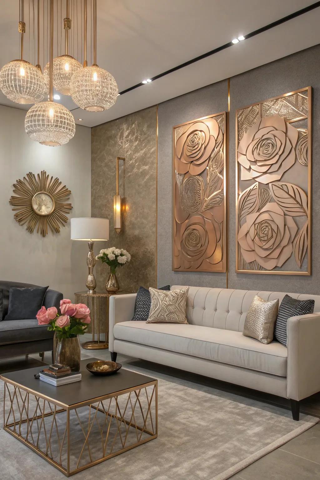 Conceptual wall art with rose gold tints contributes a personal accent.