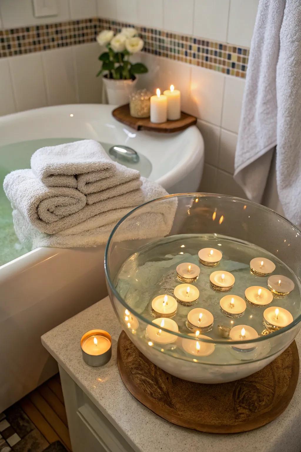 Buoyant lights placed in a glass bowl encourage a comforting and peaceful atmosphere.