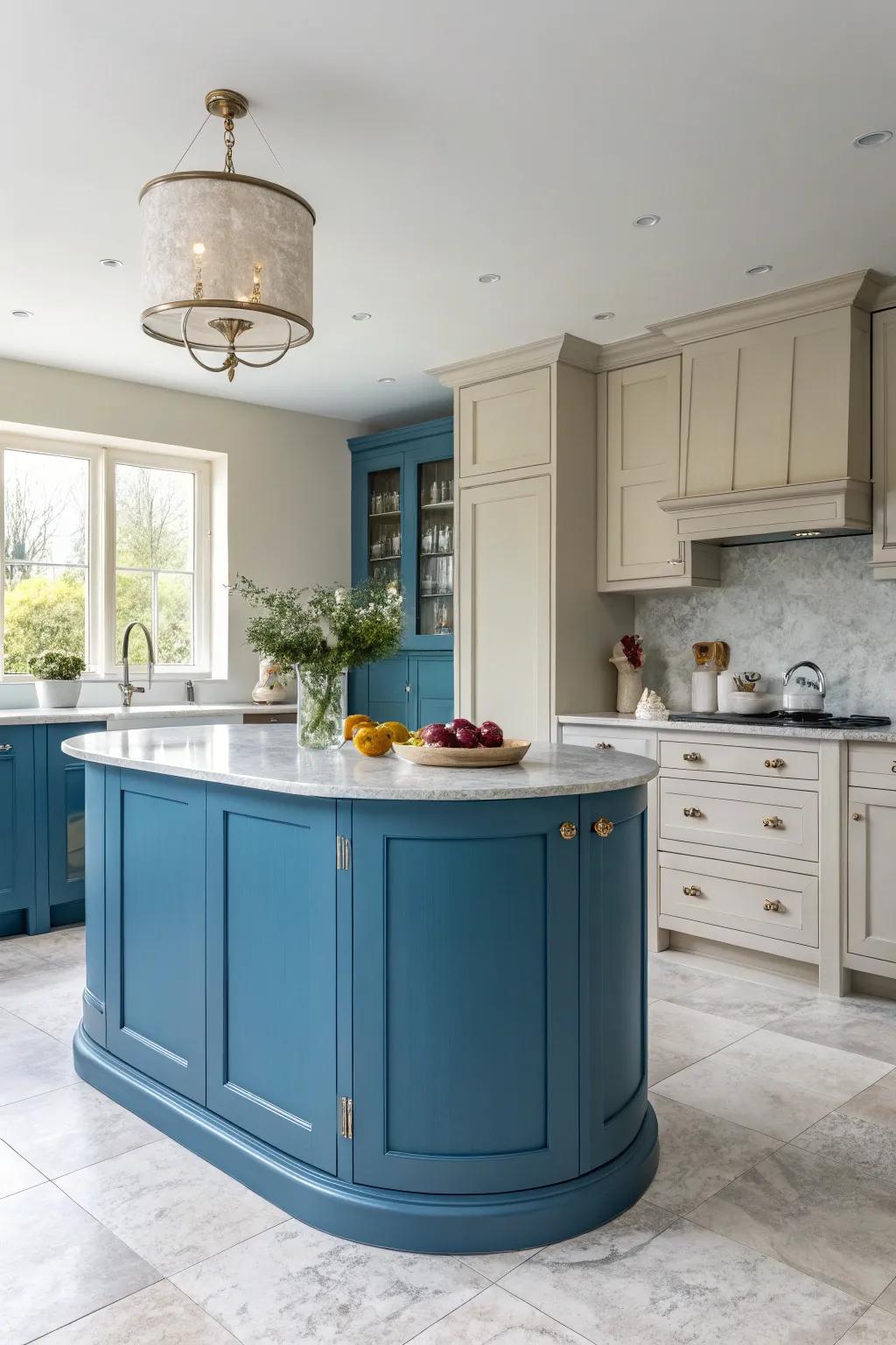 Bright colours liven up a circular kitchen island.