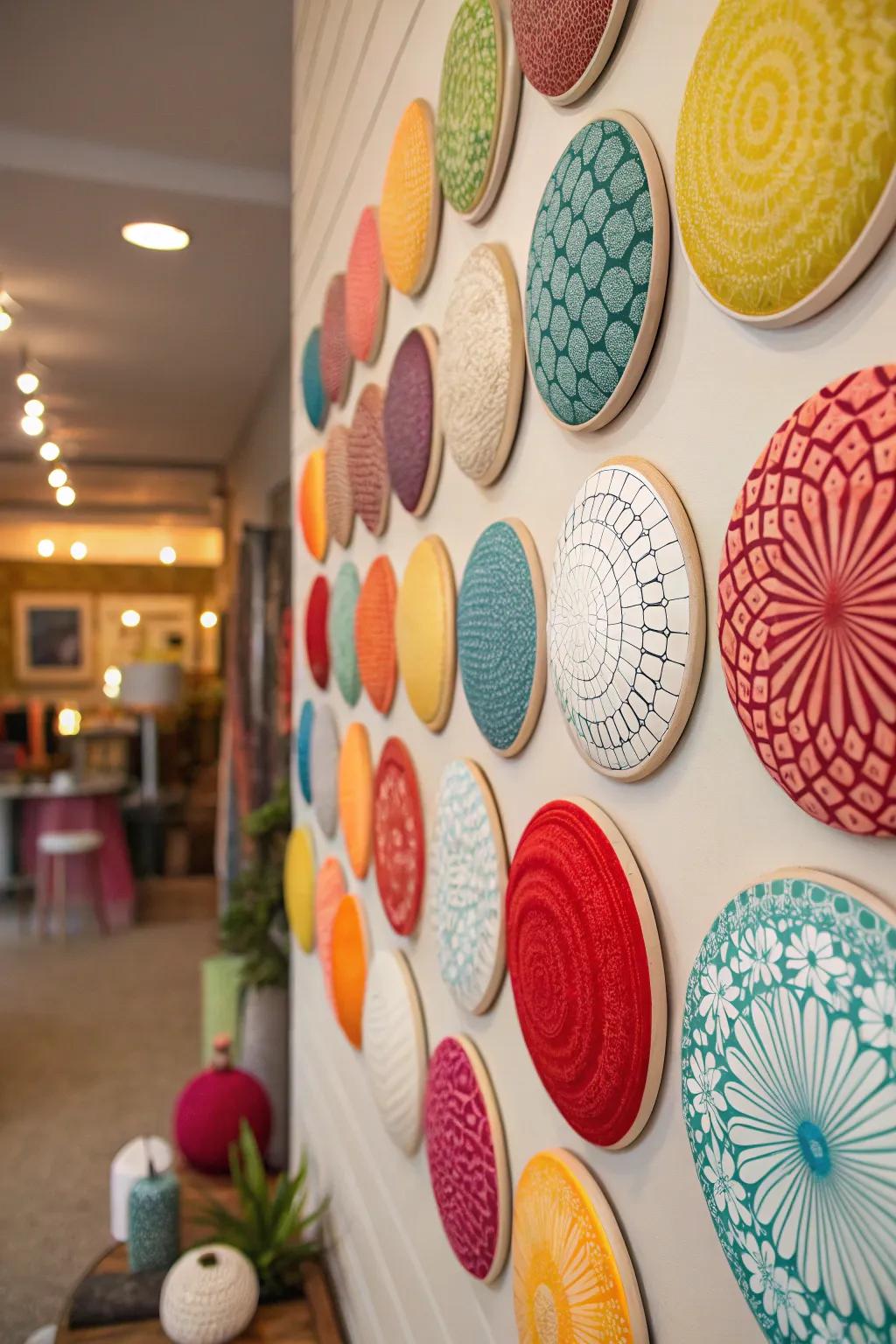 Assembled circular decor pieces form a vibrant wall display.