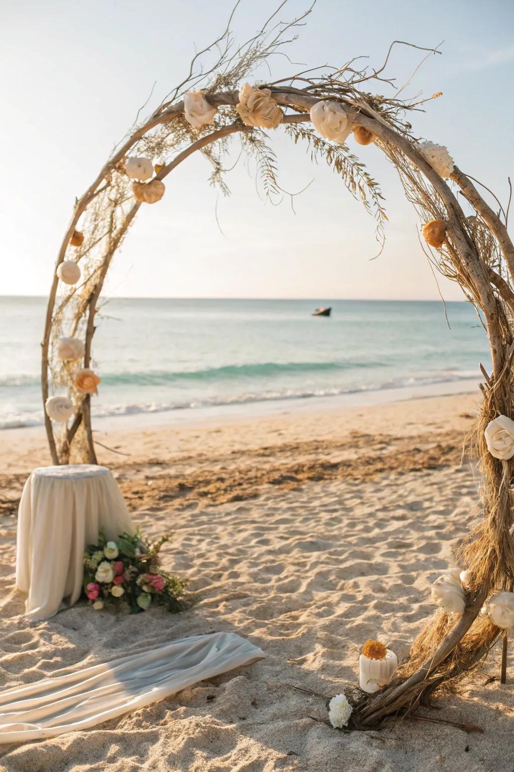 A coastal-inspired circular wedding arch alongside the beach.