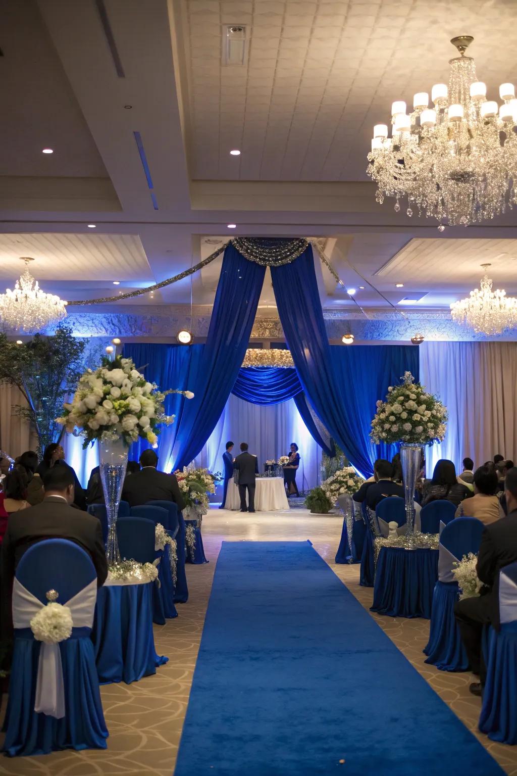 A reception area enhanced with royal blue ornaments.