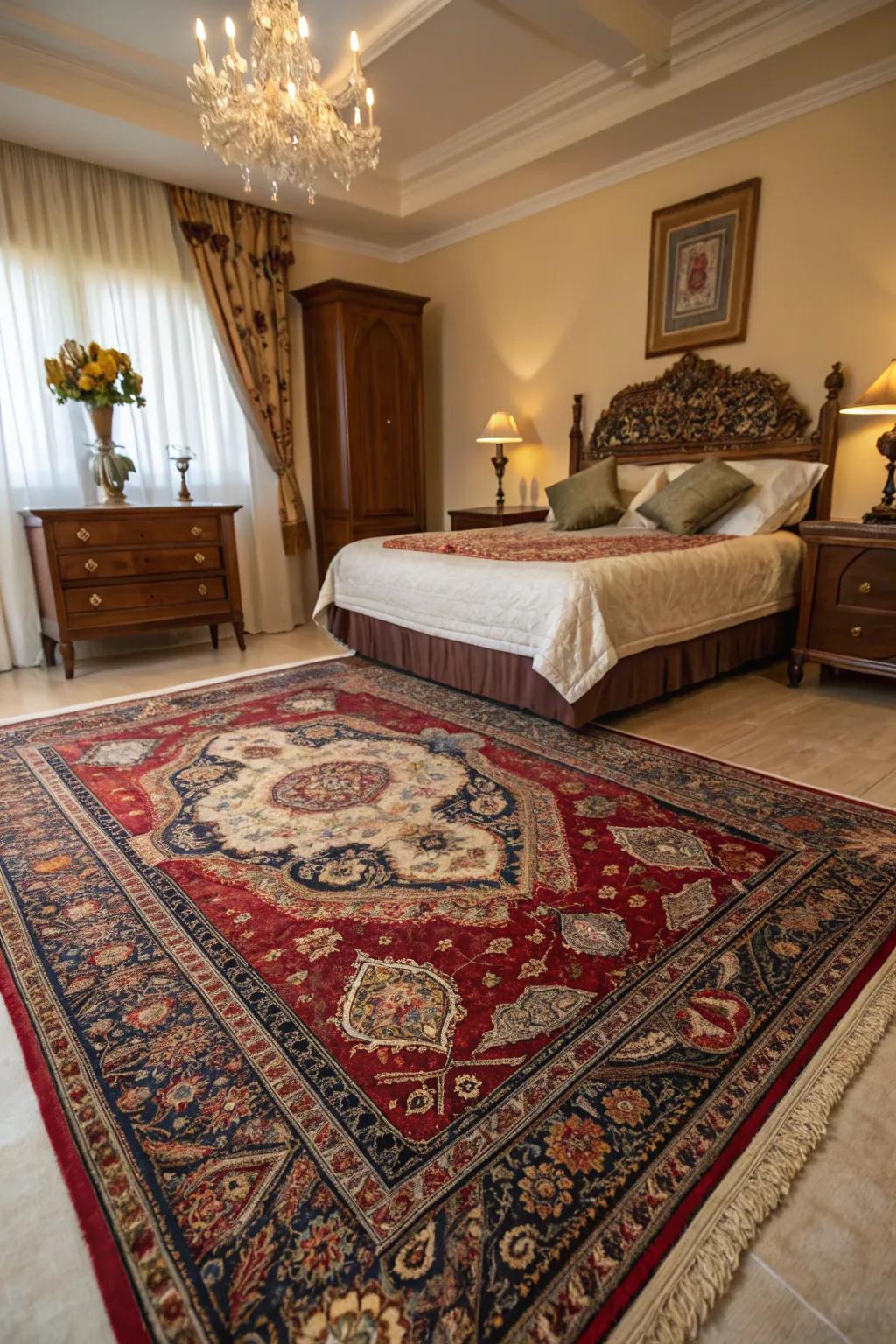 Traditional rugs contribute elegance and depth to any bedroom.