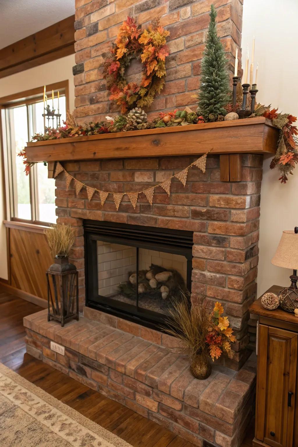 Sturdy wooden ledges give rustic brick fireplaces warmth and charm.