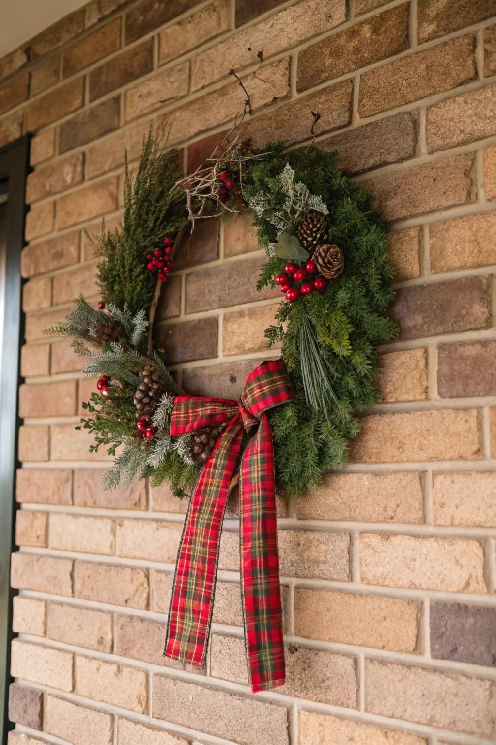 Tartan ribbons saturate this wreath with snug holiday charm.