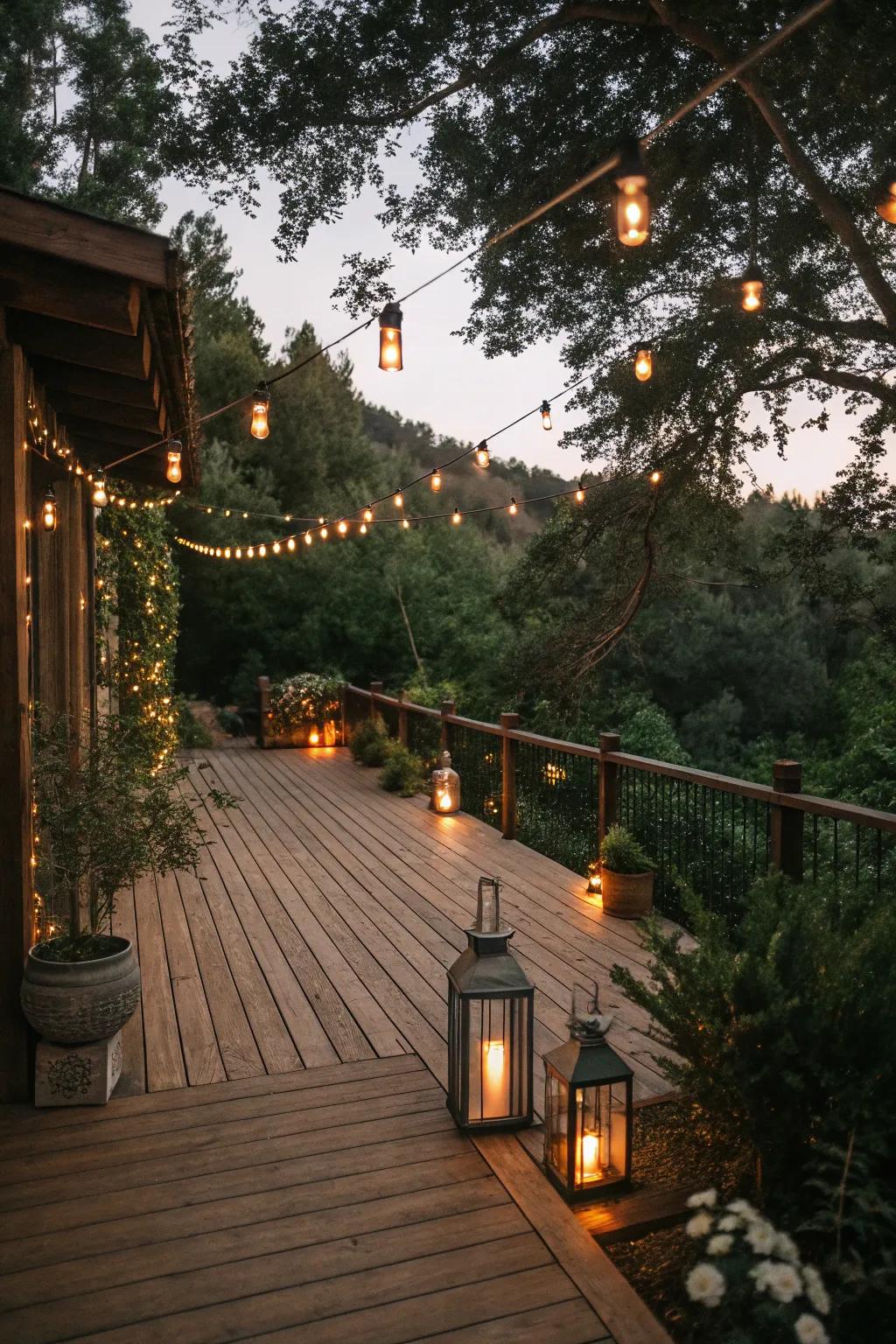 Fairy lights and lights add a magical radiance to this countryside patio.