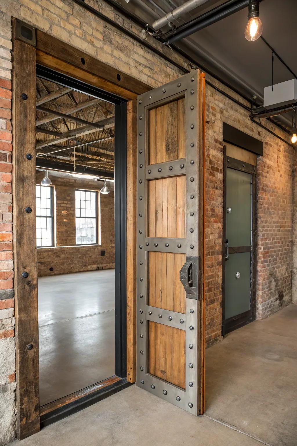 A door trim merging timber and metal for an industrial country visage.