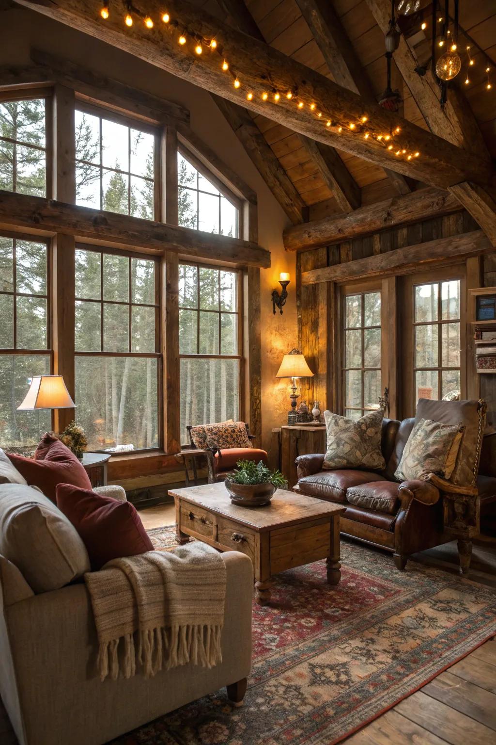 Soft lighting and large windows elevate the room's inviting ambiance.
