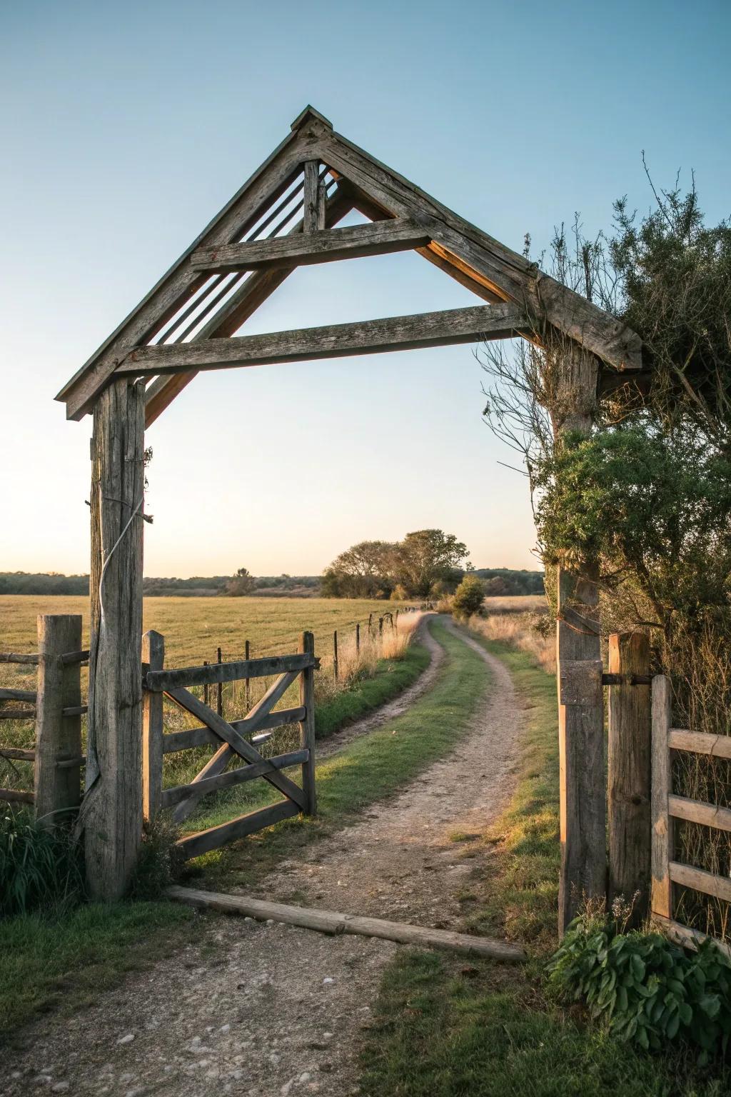 A striking gable-style gateway atop a farm gate.