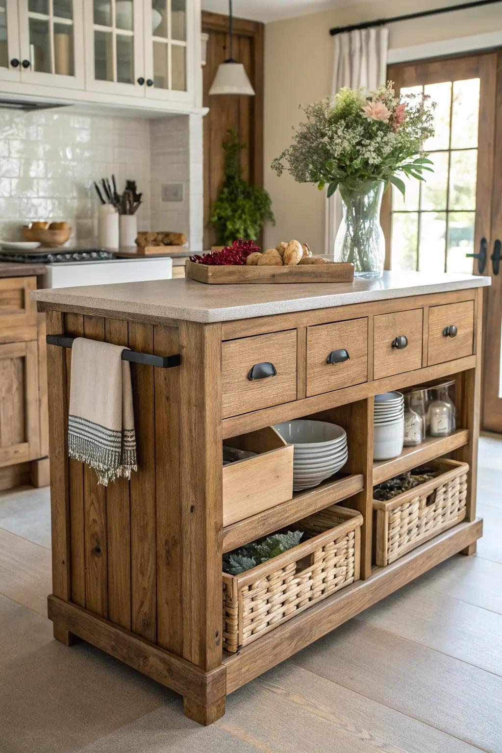 A practical farmhouse kitchen island featuring integrated drawers and storage.