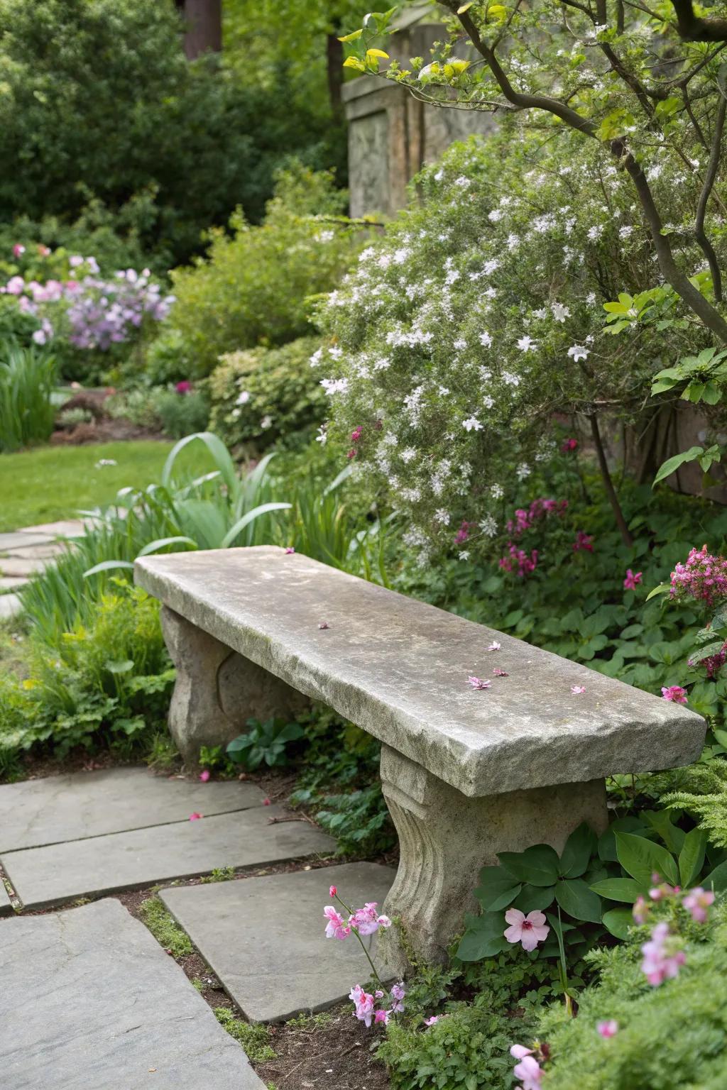 A stone slab bench providing a natural and resilient seating option.