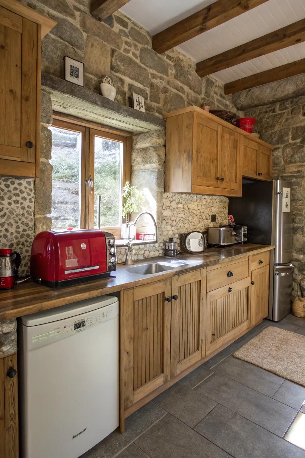 A blend of modern and vintage appliances brings balance to a country-style cooking space.