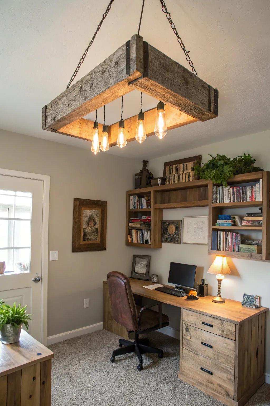 A DIY repurposed timber fixture introduces a unique touch to this personal office.