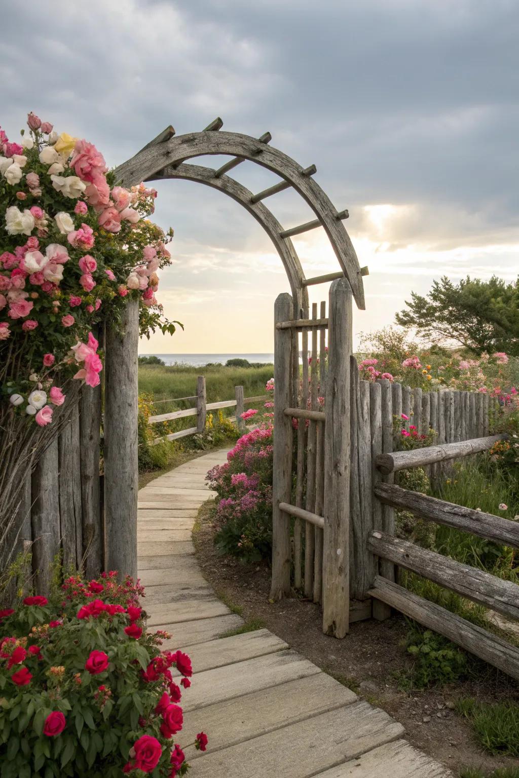 An arched timber barrier crafts a magical entryway, surrounded by vibrant blooms.