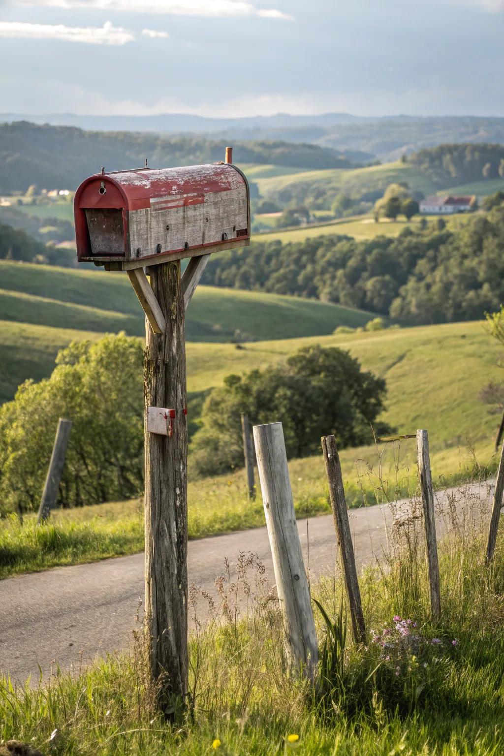 Weathered timber imparts a timeless, rustic appeal to this mailbox stand.