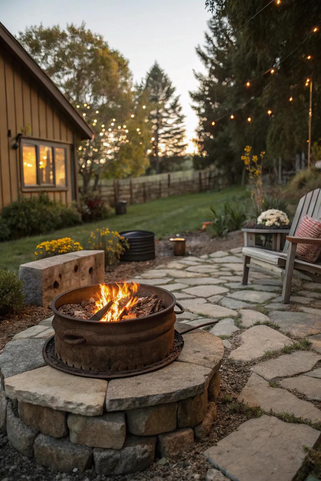 Industrial meets countryside with a wheel rim fire pit.