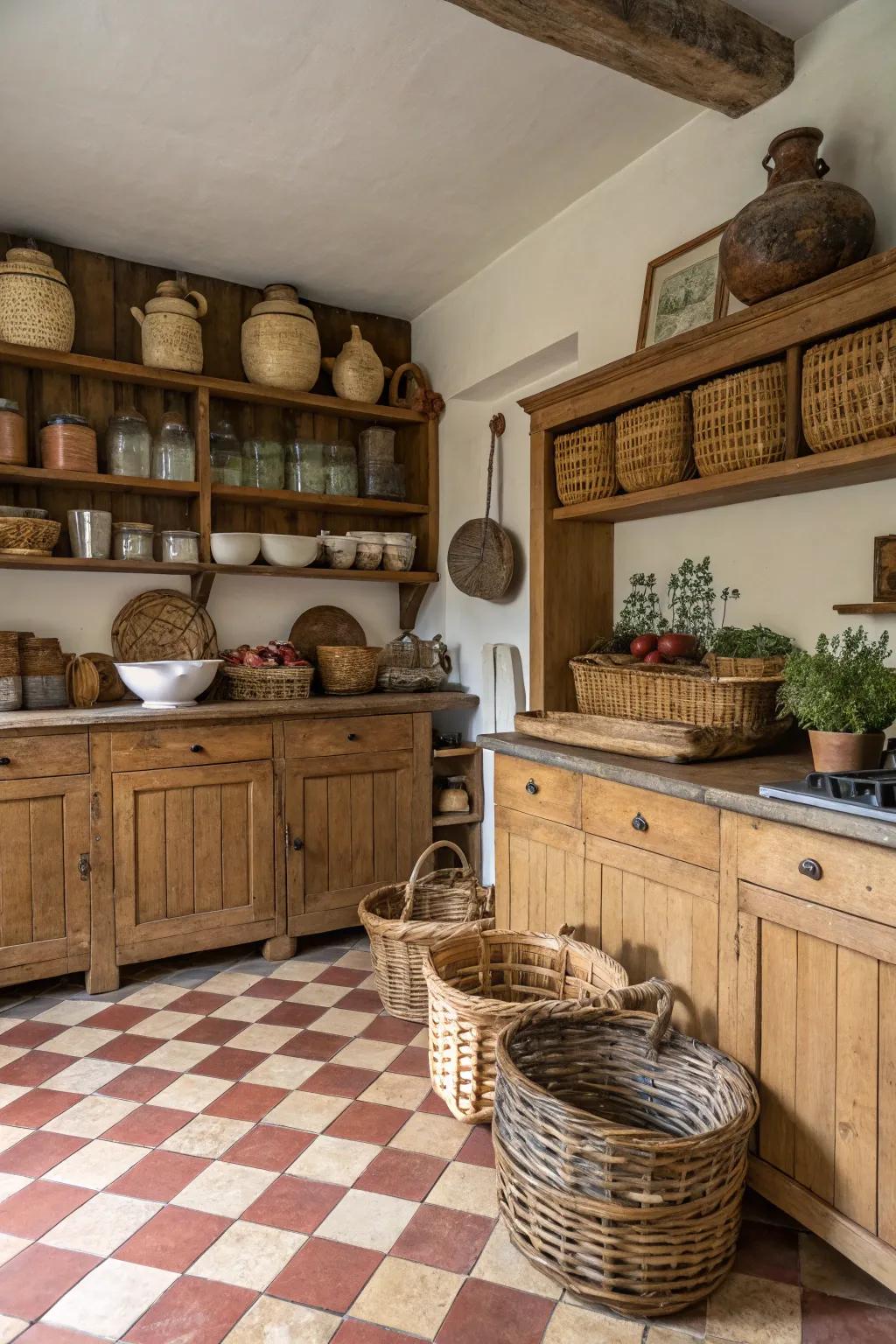 Pottery and woven holders contribute country charm to this kitchen.