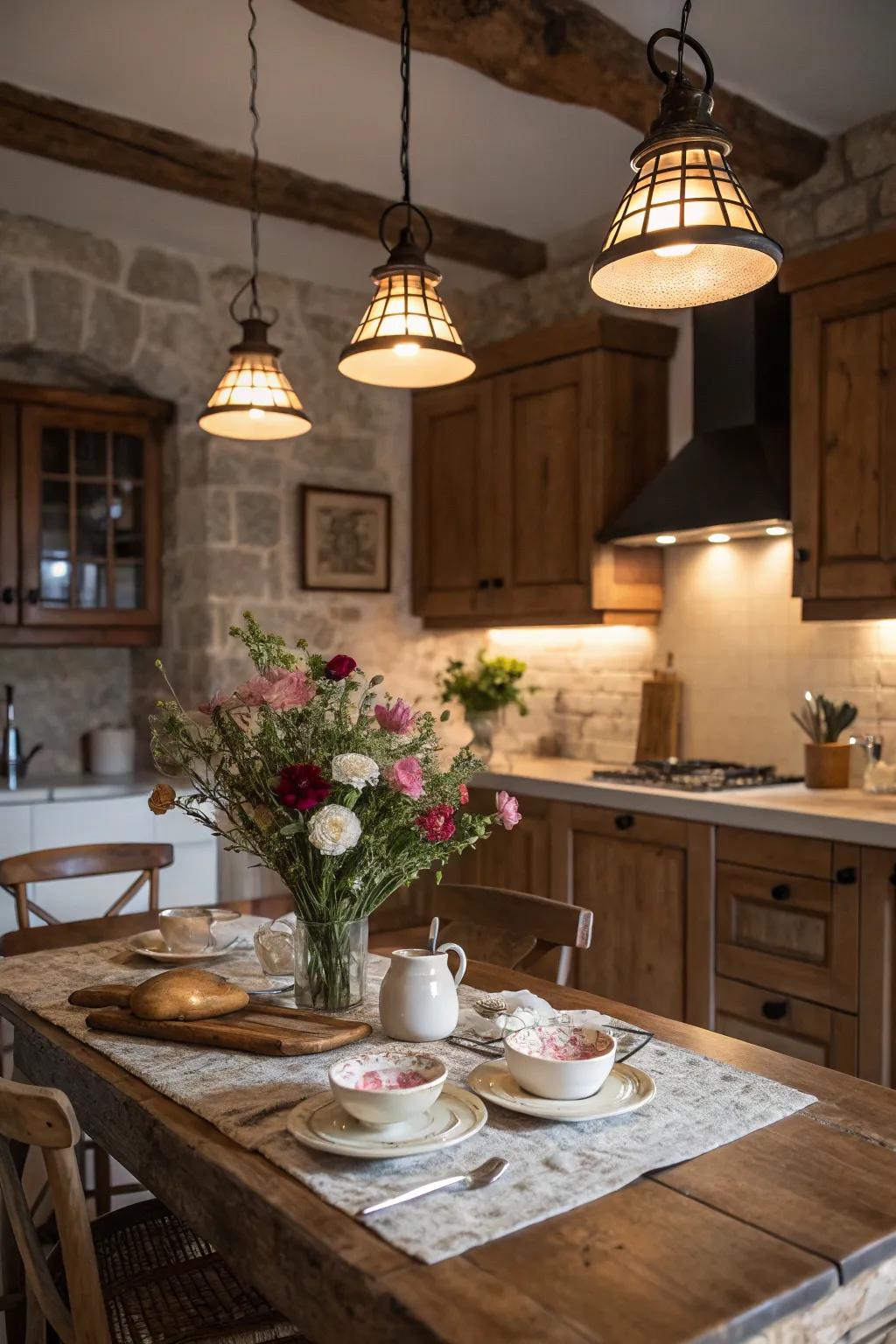 Period illumination fittings bring a nostalgic charm to the kitchen.