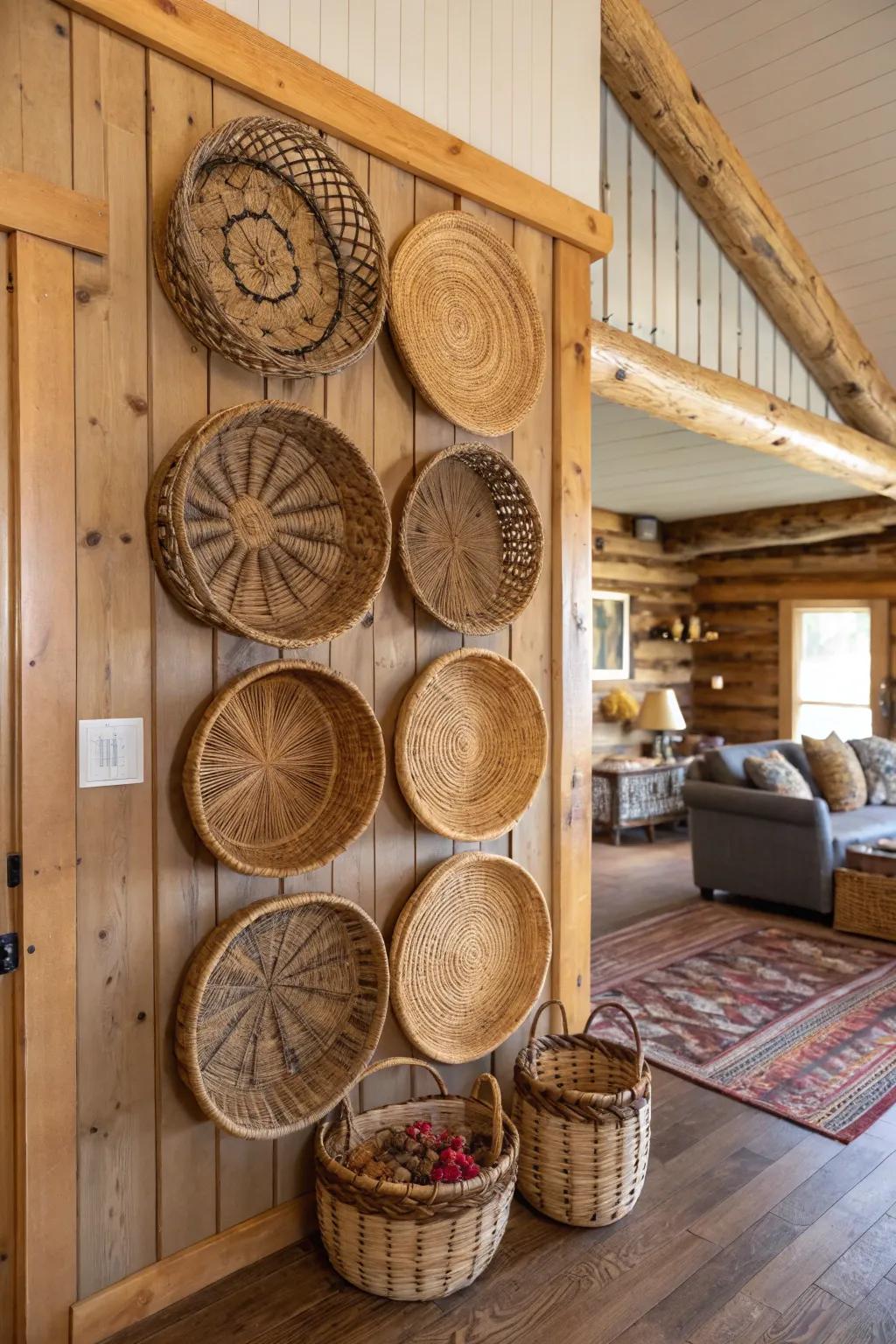 A collection of braided baskets composes a stunning and textured wall display.