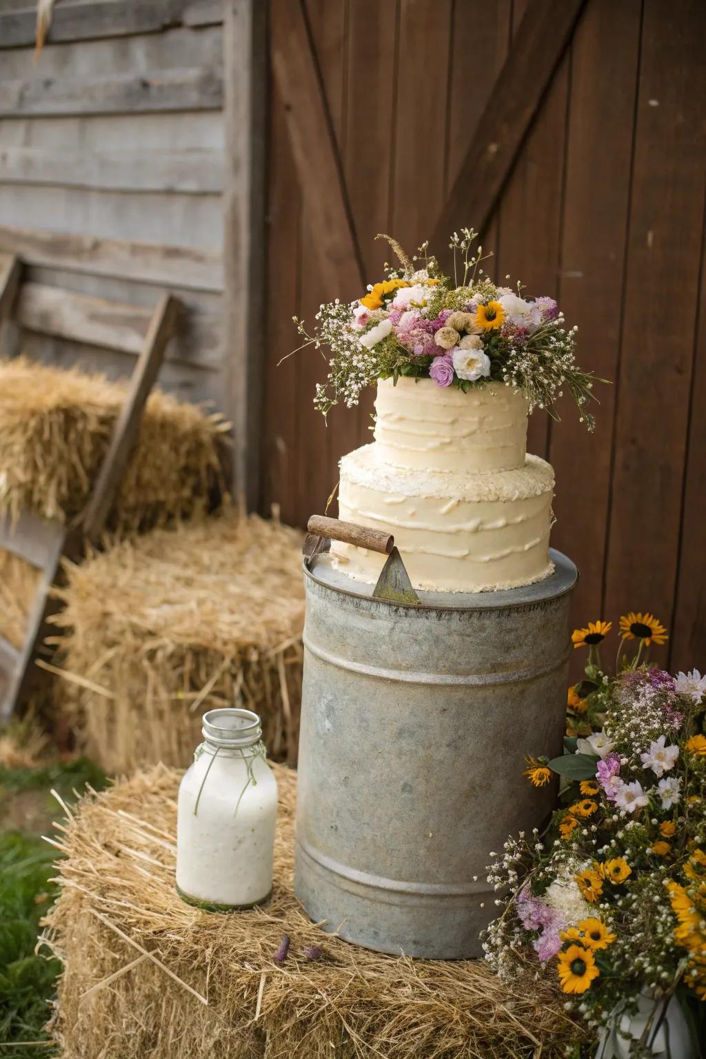 An endearing heirloom dairy pail base for a countryside cake presentation.