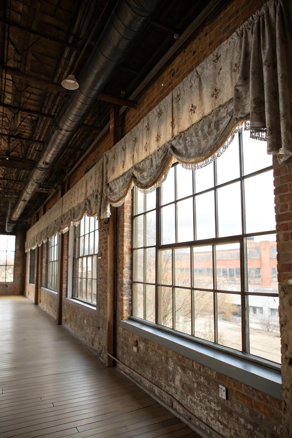An industrial-chic room featuring a worn metal valance giving a rugged touch.