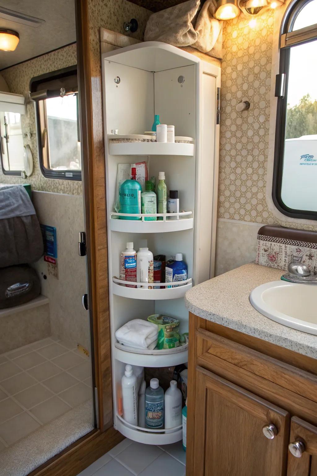 Make the most of corner spaces with spinning shelves.