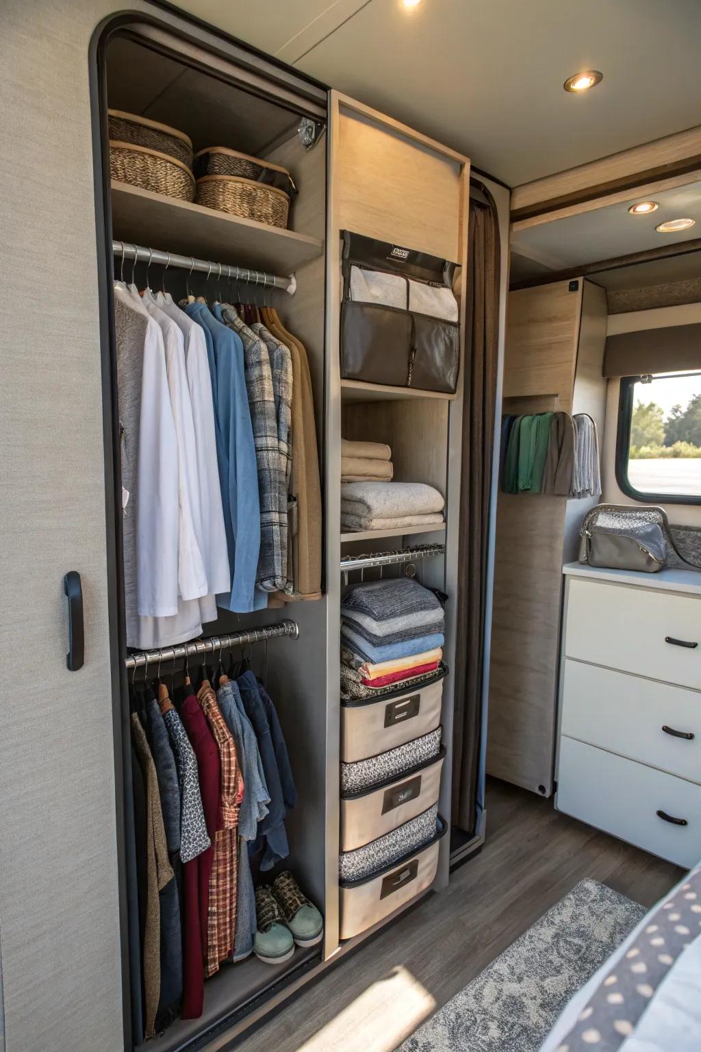 Collapsible organizers maximize storage flexibility inside an RV closet.